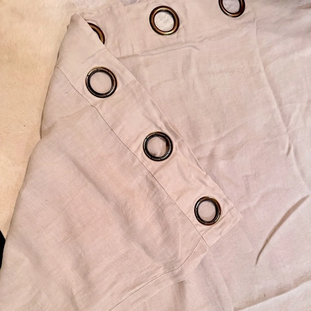 Pair of 2 Beige Khaki 100% Linen Curtain Panels w Grommet Rings 102”
